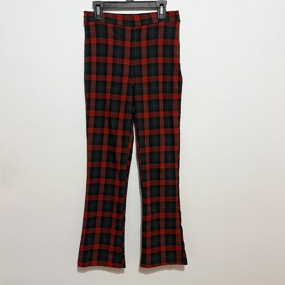 Urban Outfitters High Waisted Flare Fleece Lined Red and Green Plaid Pan… - Picture 1 of 12